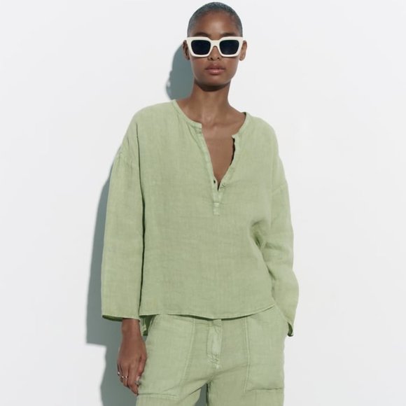 NWT 100% LINEN SAGE Pastel GREEN SLIT BLOUSE - Picture 4 of 7